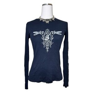 Y2K Sledge Bikercore Black Long Sleeve Ribbed Baby Tee Size Large